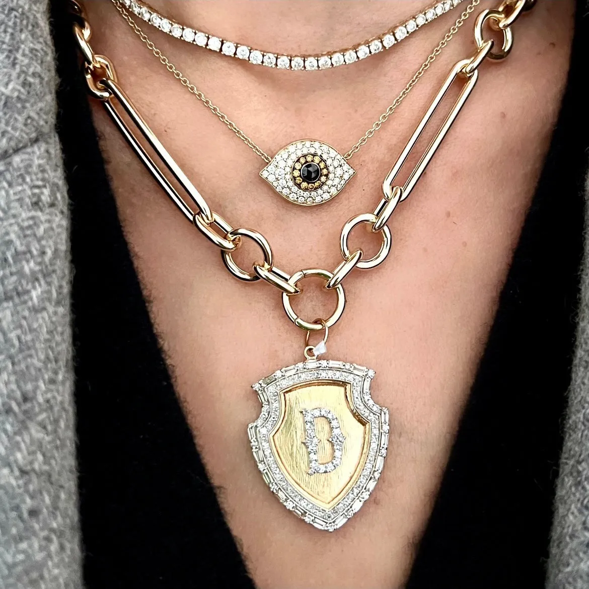 14KT Gold Diamond Puffy Evil Eye Necklace
