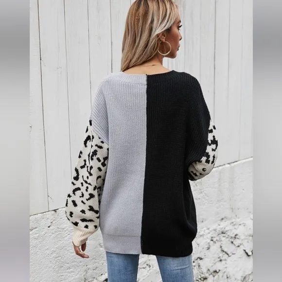 (39)🍁New🍁Fall/Winter Color Block Sweater With Leopard Contrast Sleeves