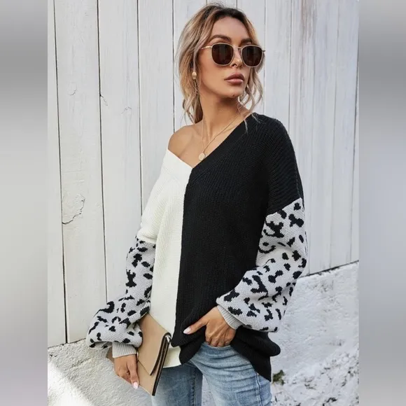 (39)🍁New🍁Fall/Winter Color Block Sweater With Leopard Contrast Sleeves