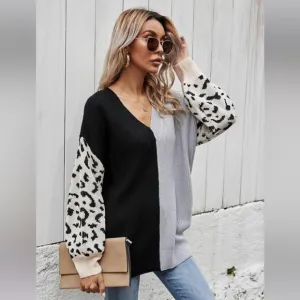 (39)🍁New🍁Fall/Winter Color Block Sweater With Leopard Contrast Sleeves