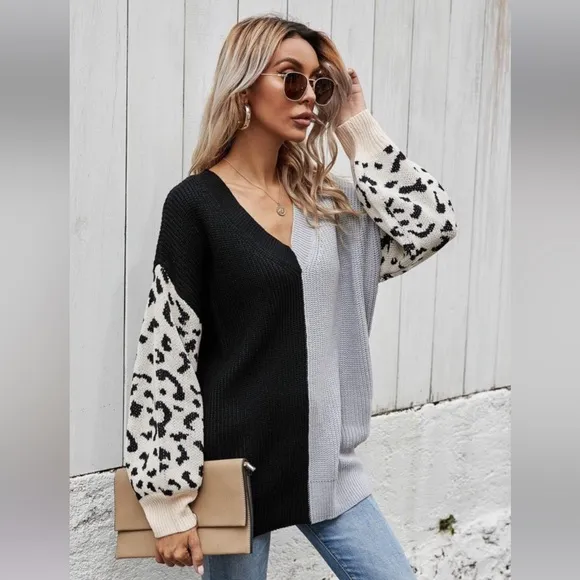 (39)🍁New🍁Fall/Winter Color Block Sweater With Leopard Contrast Sleeves