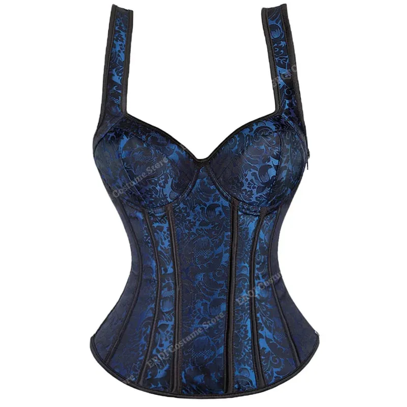 5XL Steampunk Corset with Cup Lingerie Zipper Side Straps Overbust Corset Waist Trainer Bustier Plus Size