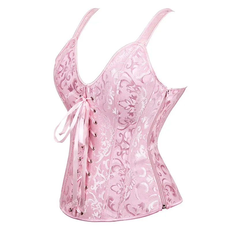 5XL Steampunk Corset with Cup Lingerie Zipper Side Straps Overbust Corset Waist Trainer Bustier Plus Size