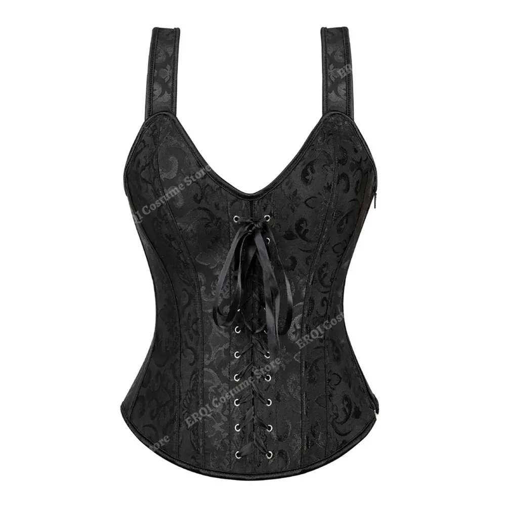 5XL Steampunk Corset with Cup Lingerie Zipper Side Straps Overbust Corset Waist Trainer Bustier Plus Size