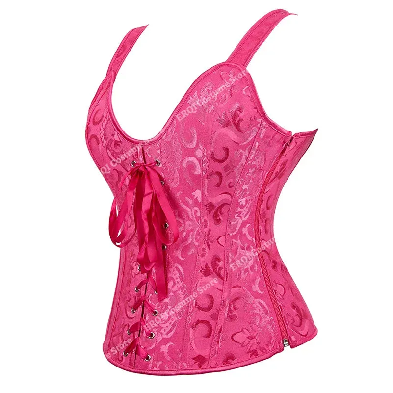 5XL Steampunk Corset with Cup Lingerie Zipper Side Straps Overbust Corset Waist Trainer Bustier Plus Size
