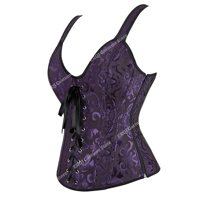 5XL Steampunk Corset with Cup Lingerie Zipper Side Straps Overbust Corset Waist Trainer Bustier Plus Size