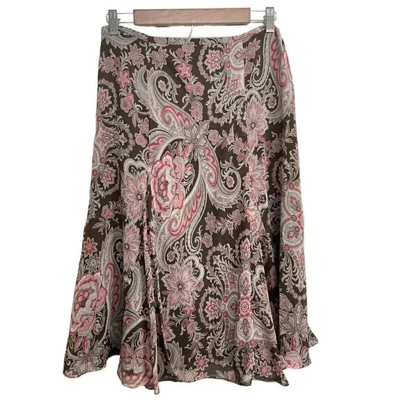 Ann Taylor Womens Pink Brown 100% Silk Paisley Western Print Midi Skirt Size 6