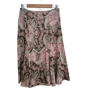 Ann Taylor Womens Pink Brown 100% Silk Paisley Western Print Midi Skirt Size 6