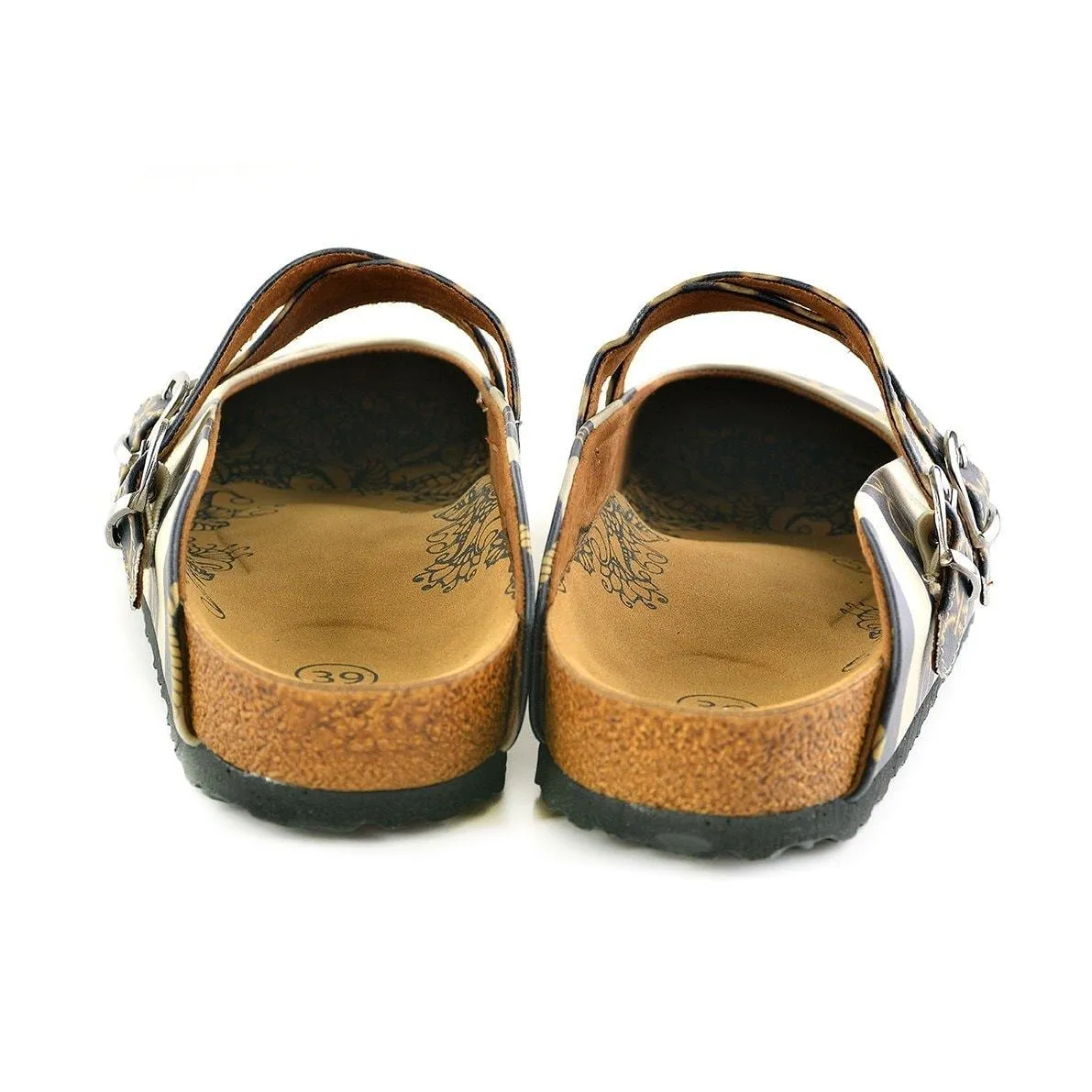 Beige and Navy Blue Striped, Gold Cyclic and Rope Pattern Clogs - CAL101