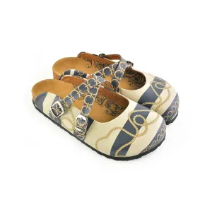 Beige and Navy Blue Striped, Gold Cyclic and Rope Pattern Clogs - CAL101