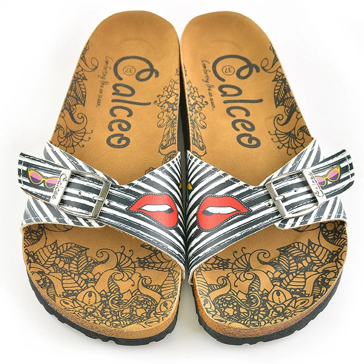 Black and White Striped Patterned, Lips and Sunshine Patterned Sandal - CAL902