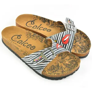 Black and White Striped Patterned, Lips and Sunshine Patterned Sandal - CAL902