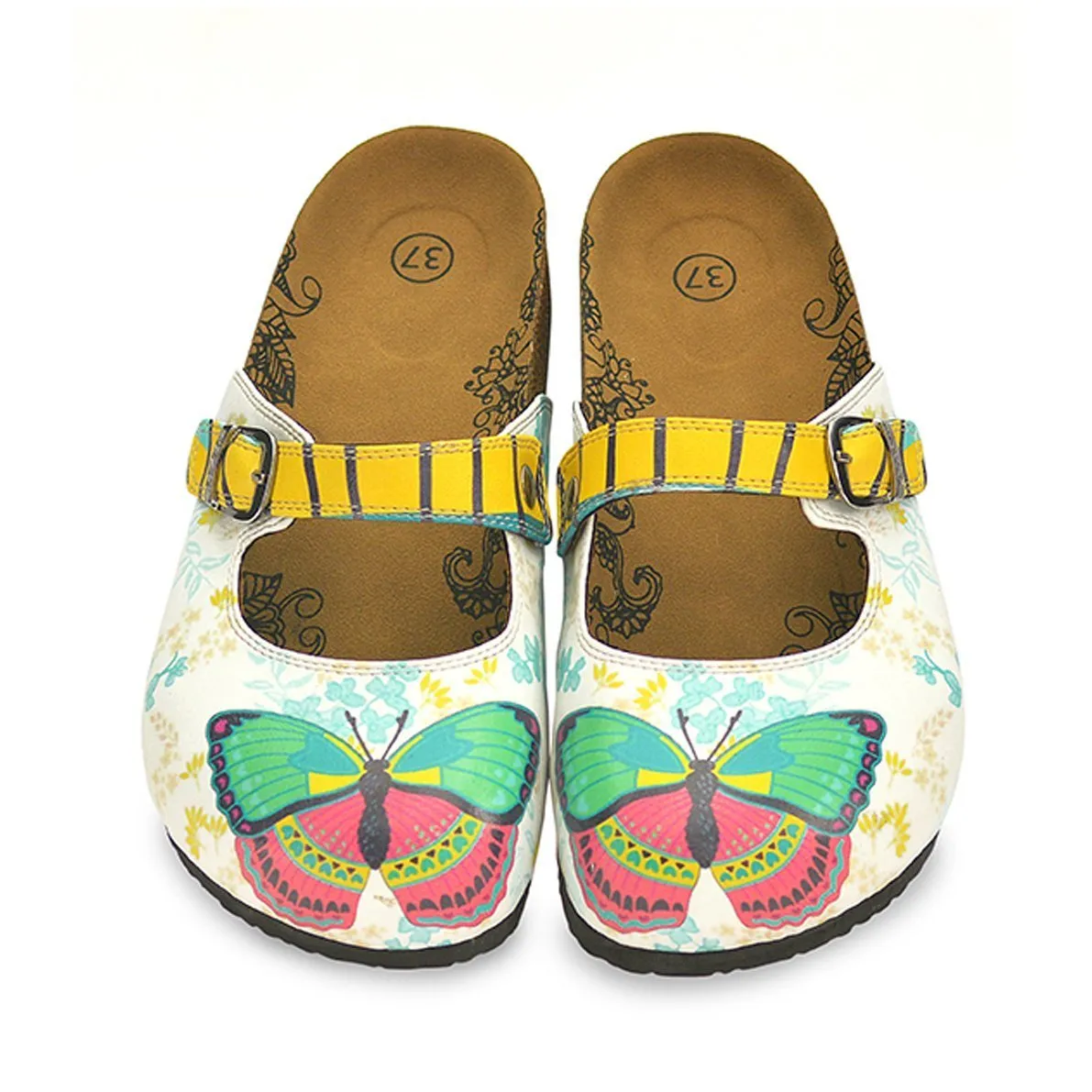 Black and Yellow Striped, Green and Pink Butterflied, Flowers Patterned Clogs - CAL802