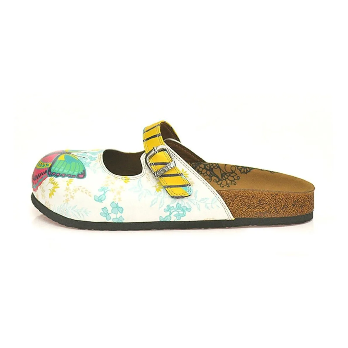 Black and Yellow Striped, Green and Pink Butterflied, Flowers Patterned Clogs - CAL802