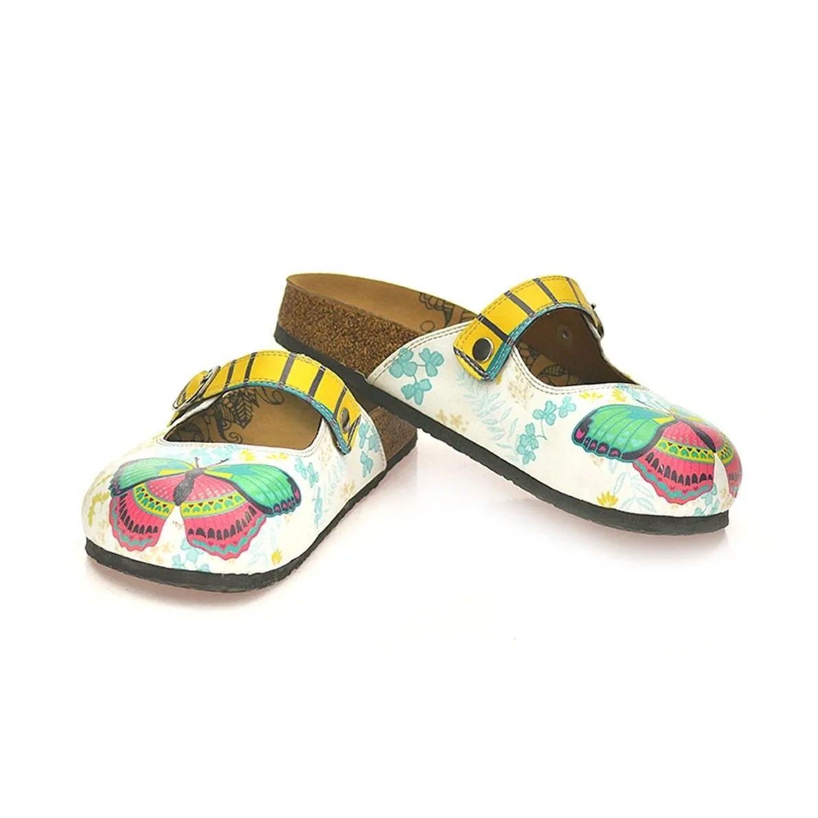 Black and Yellow Striped, Green and Pink Butterflied, Flowers Patterned Clogs - CAL802
