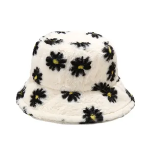 Black Flowers Furry Bucket Hat