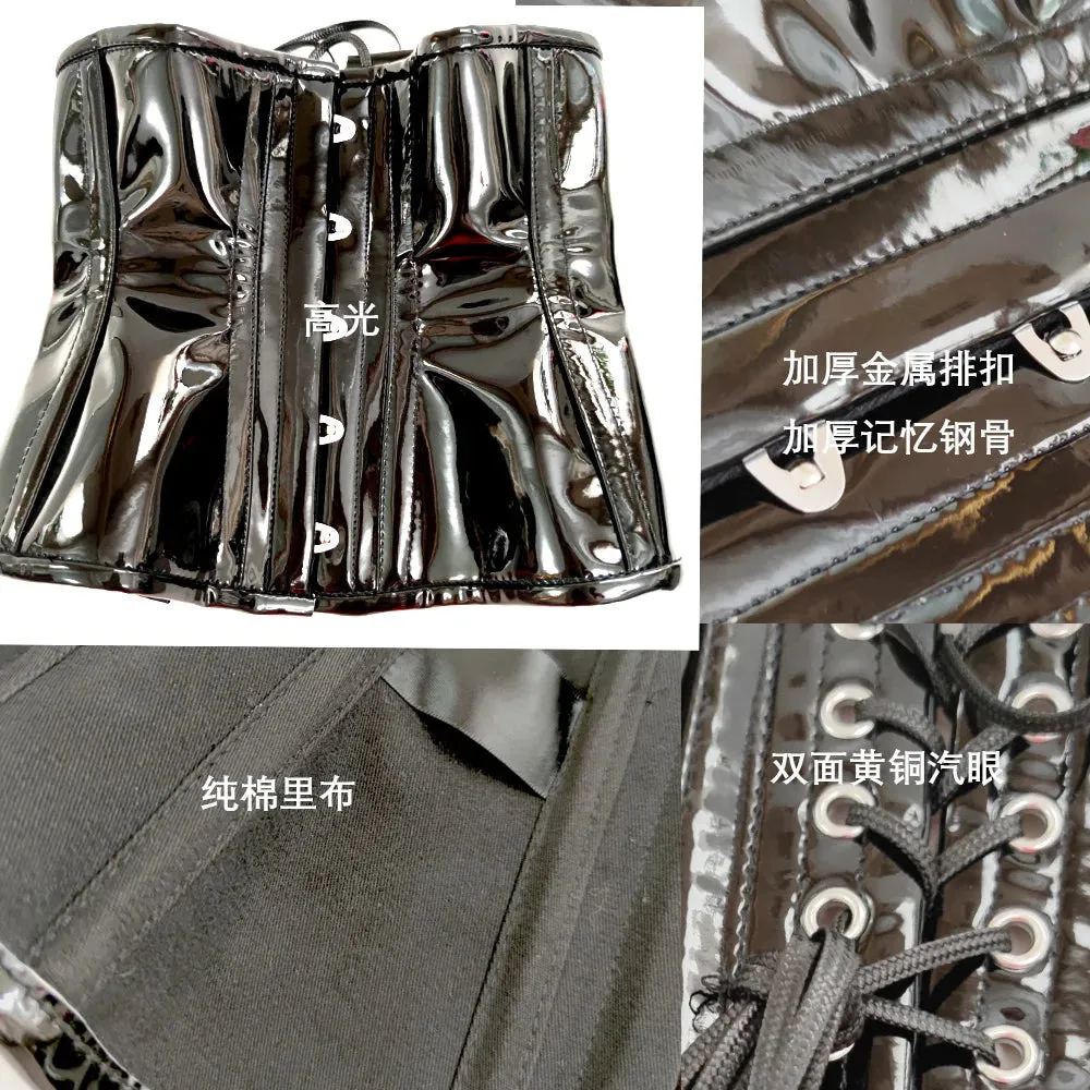 Black Leather Underbust Corset Body Shaper For Waist Training 24cm Front Length Tight Lacing Korset For Men