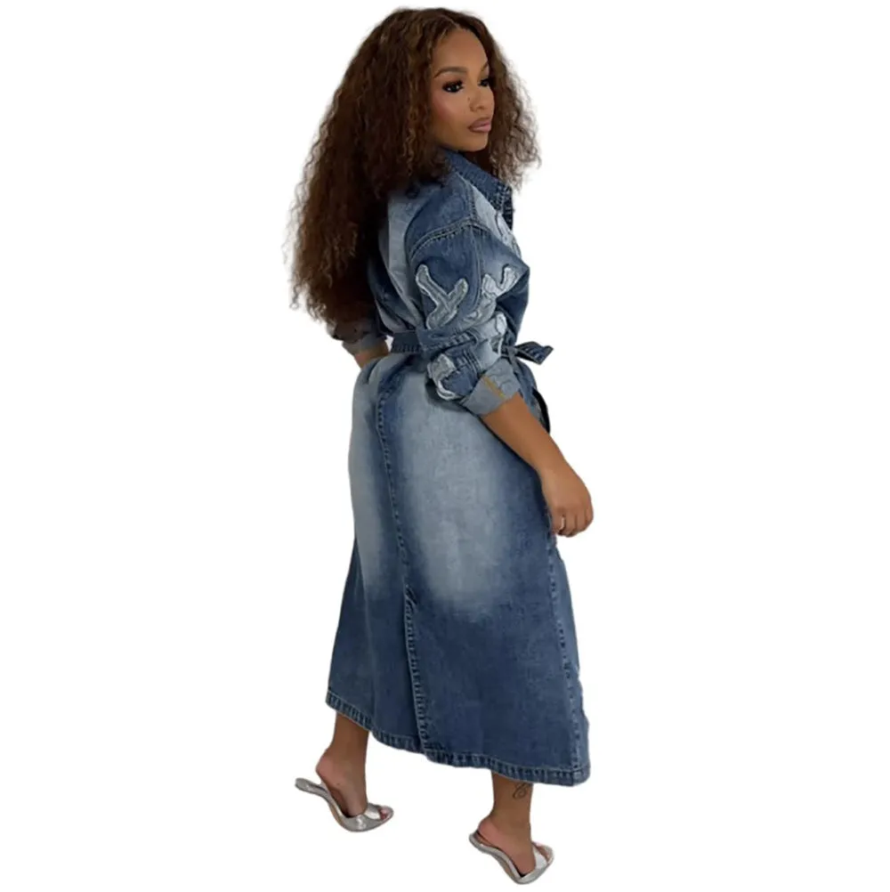 Bold and Stylish Cross Embroidery Long Denim Jacket for Street Fashion