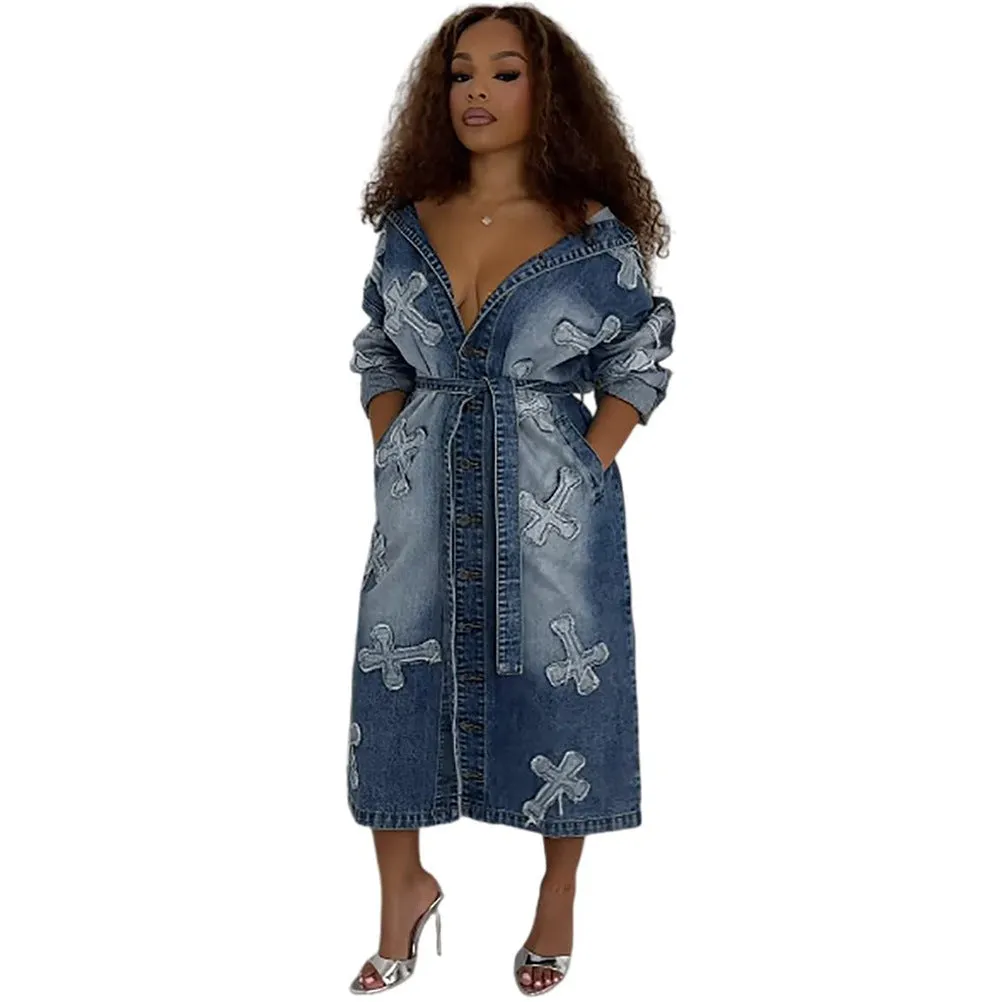 Bold and Stylish Cross Embroidery Long Denim Jacket for Street Fashion