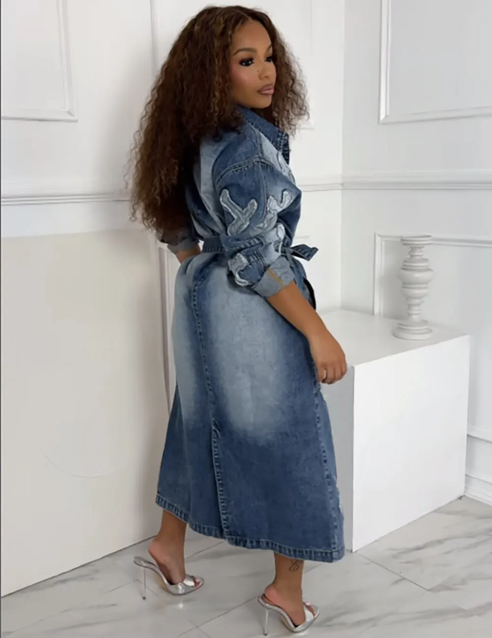 Bold and Stylish Cross Embroidery Long Denim Jacket for Street Fashion