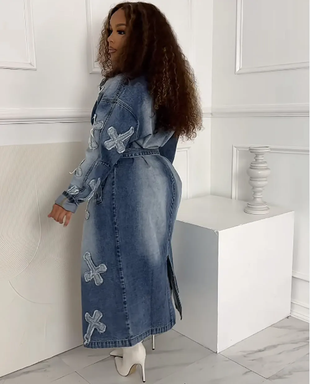 Bold and Stylish Cross Embroidery Long Denim Jacket for Street Fashion