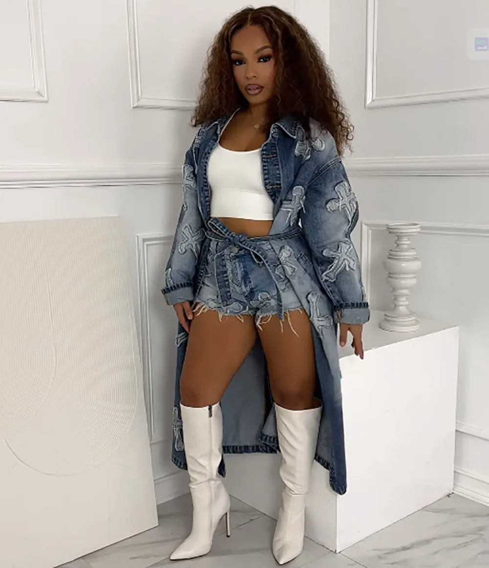 Bold and Stylish Cross Embroidery Long Denim Jacket for Street Fashion