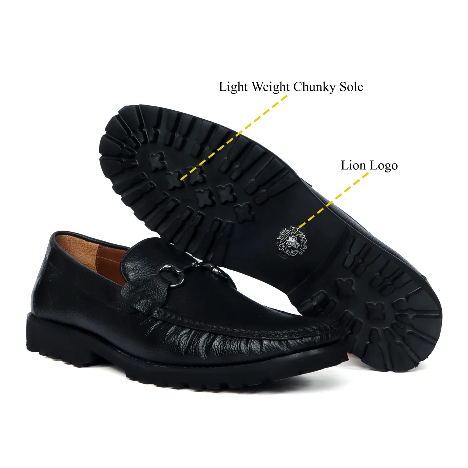 Chunky Sole Black Loafer Textured Leather With Horse-bit Buckle Detailing