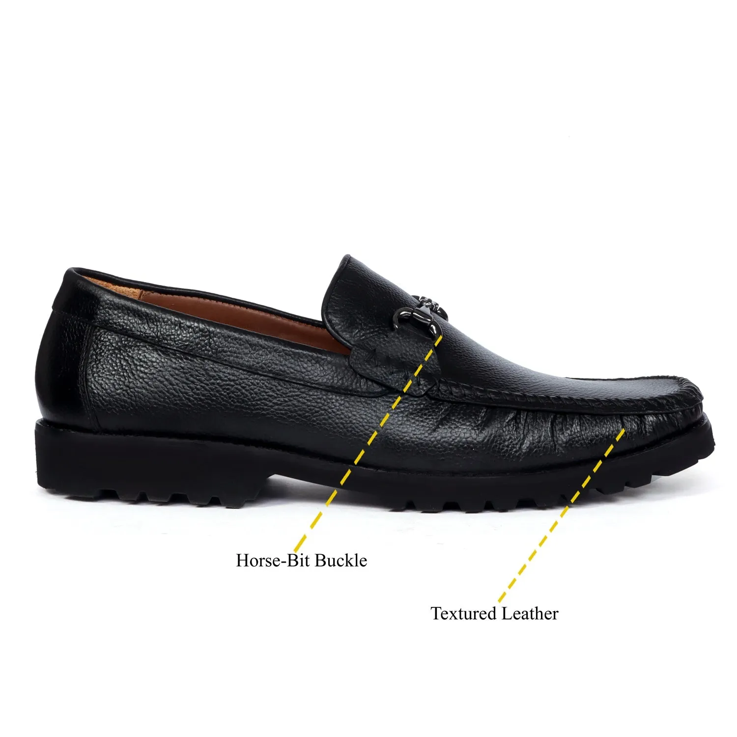 Chunky Sole Black Loafer Textured Leather With Horse-bit Buckle Detailing