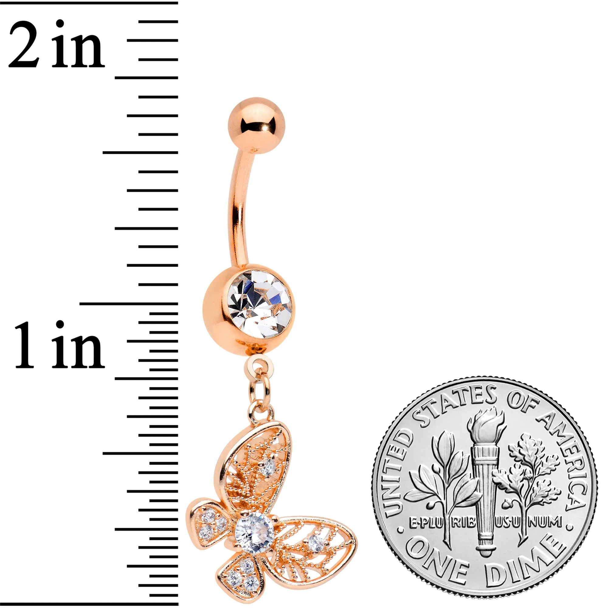 Clear Gem Rose Gold Tone Airy Elegant Butterfly Dangle Belly Ring