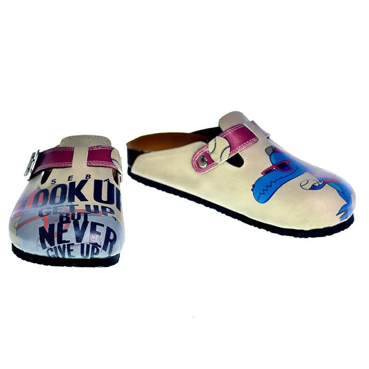 Cream Color and Blue Dinosaur Picture, Look Up Get Up But Never Written Patterned Clogs - CAL312