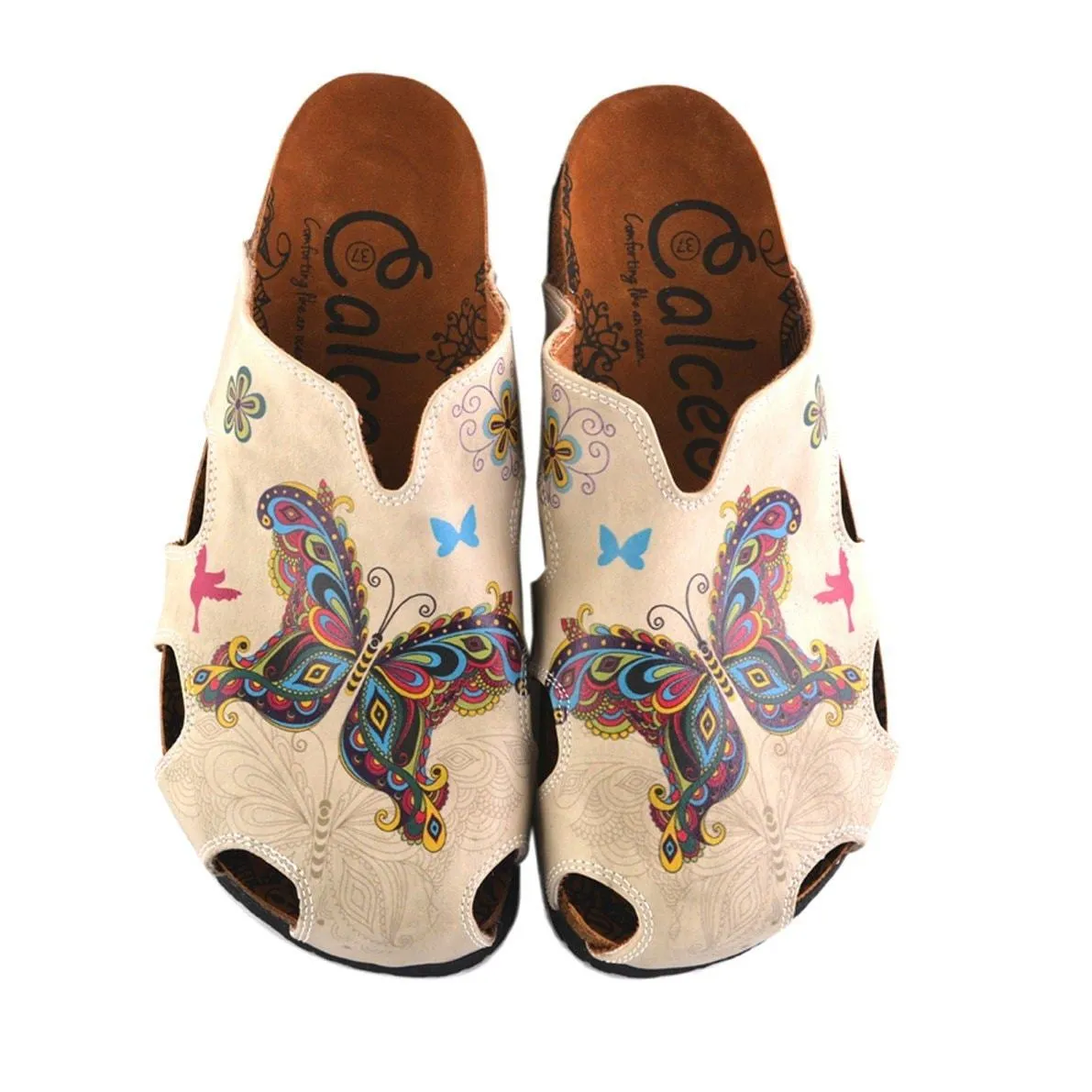Cream Colored and Butterfly and Bird Patterned Clogs - CAL608