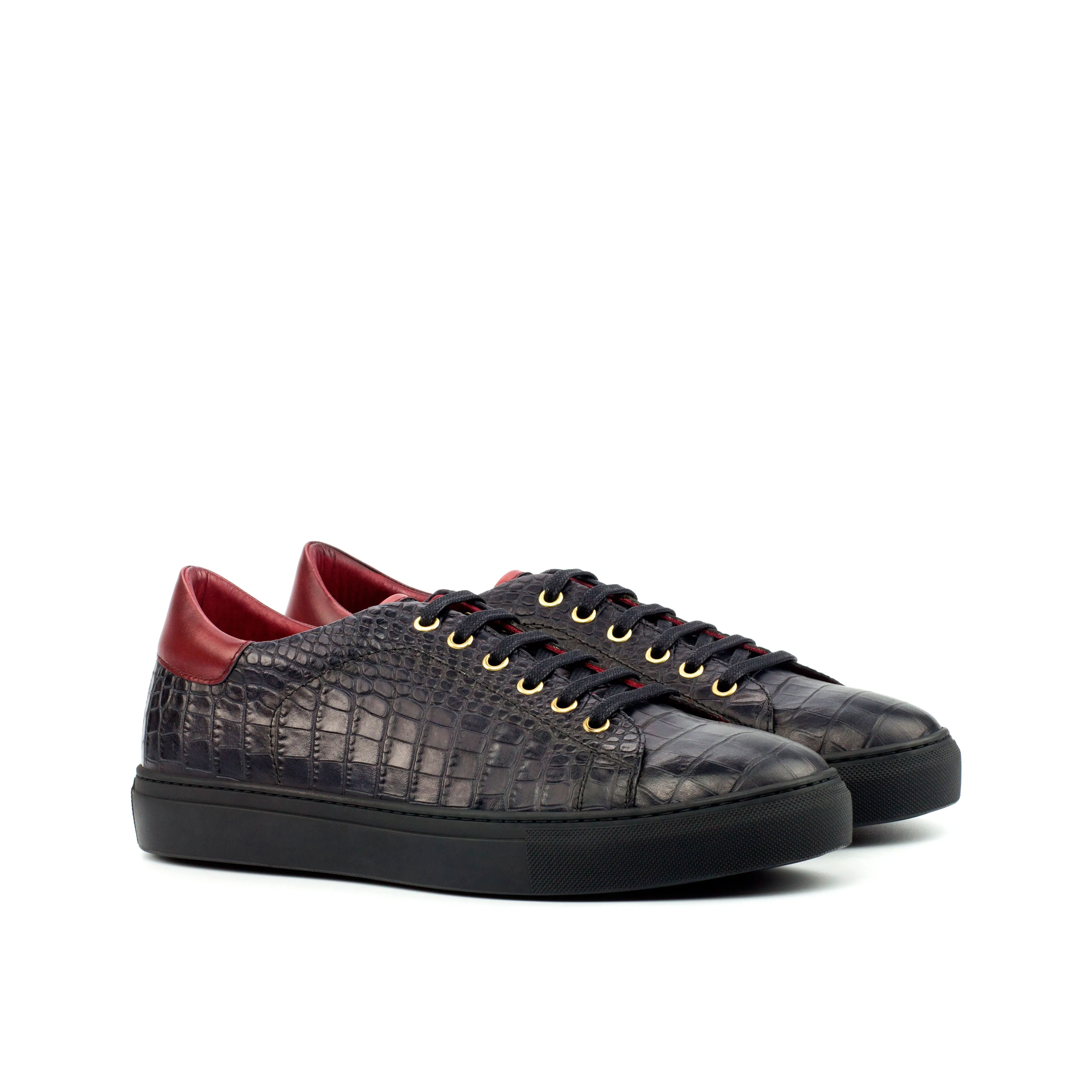DapperFam Rivale in Black Men's Italian Croco Embossed Leather Trainer
