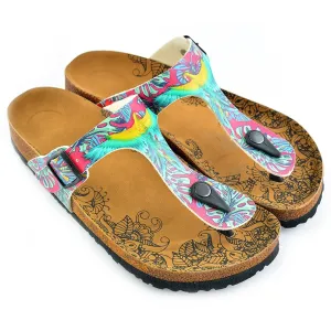 Dark Pink Colored, Green Leavs, Blue and Yellow Parrots, Patterned Sandal - CAL518
