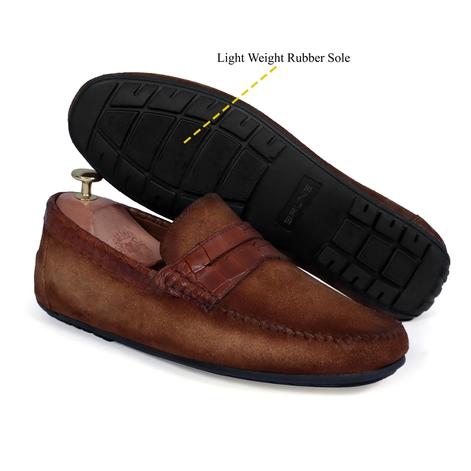 Driving Sole Tan Suede Loafers with Croco Textured Leather Trim Topline