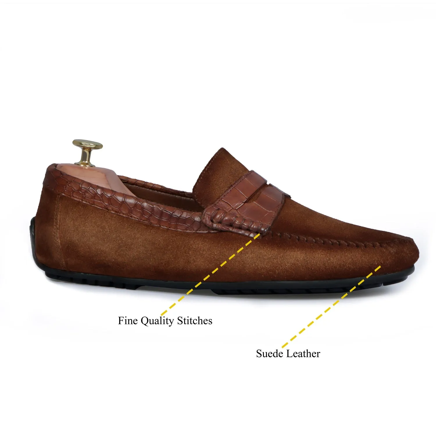 Driving Sole Tan Suede Loafers with Croco Textured Leather Trim Topline