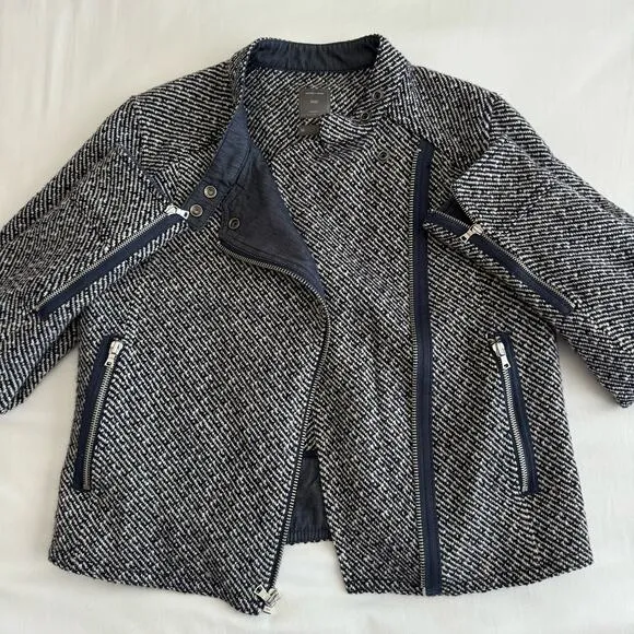 GAP Womens Navy Wool Twill Moto Jacket Asymmetric Cropped Zip Coat Size Medium