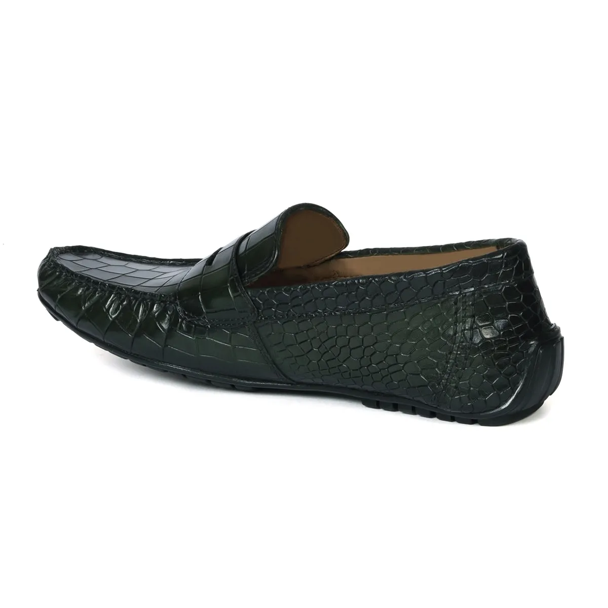 Green Stitched Strap Loafer in Deep Cut Leather