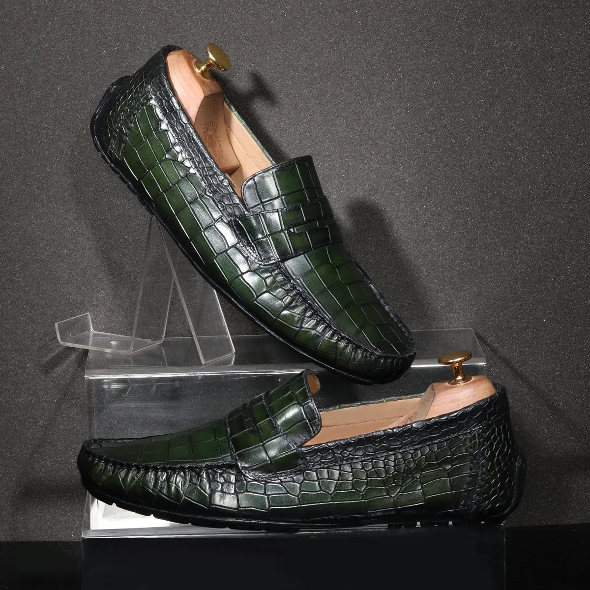Green Stitched Strap Loafer in Deep Cut Leather