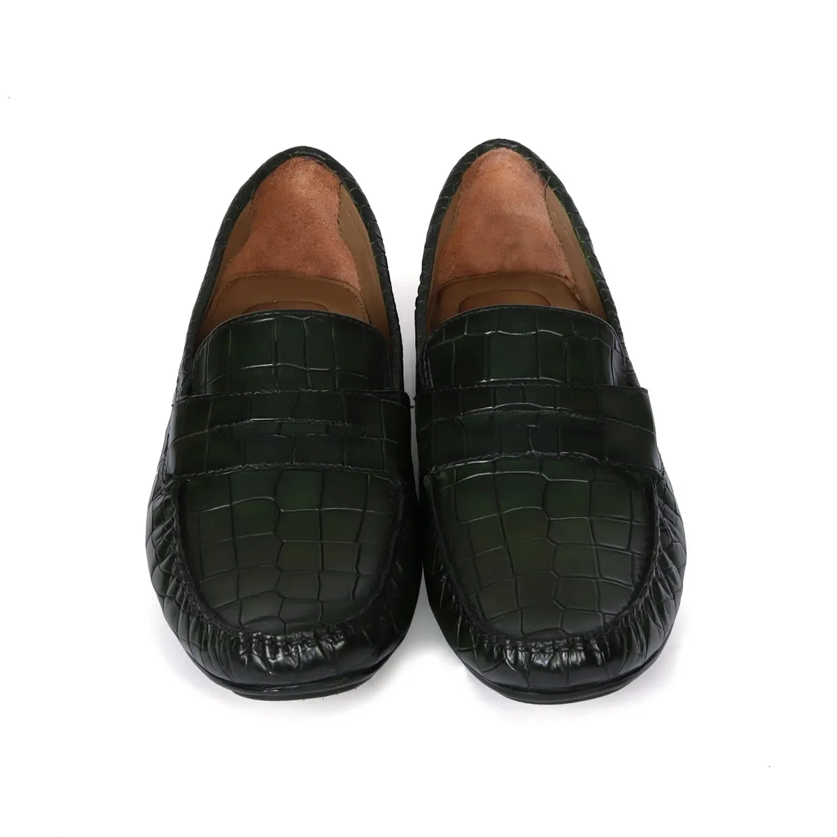 Green Stitched Strap Loafer in Deep Cut Leather