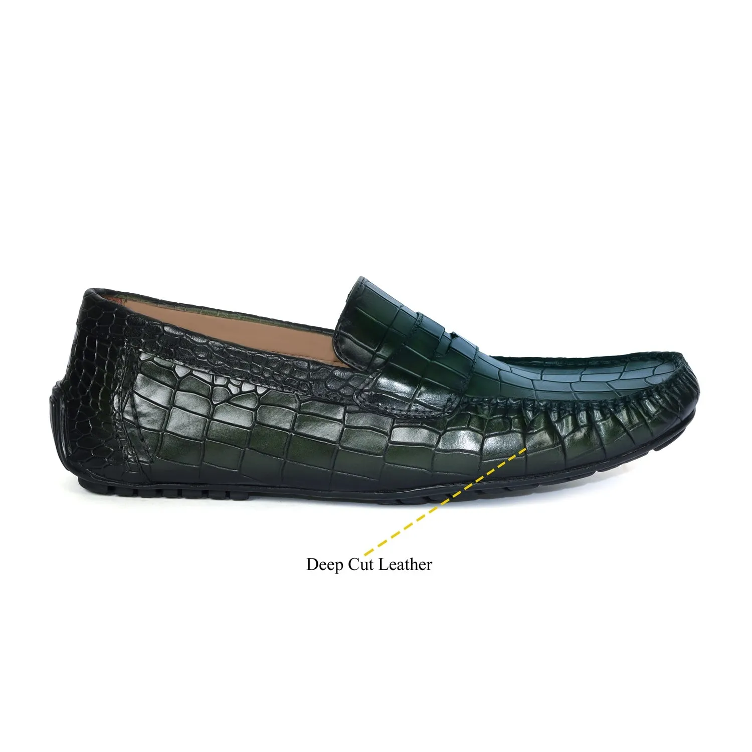 Green Stitched Strap Loafer in Deep Cut Leather