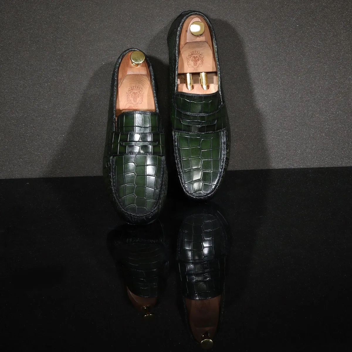 Green Stitched Strap Loafer in Deep Cut Leather