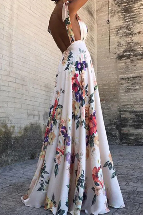 Leaky back print large swing sleeveless drawstring dress