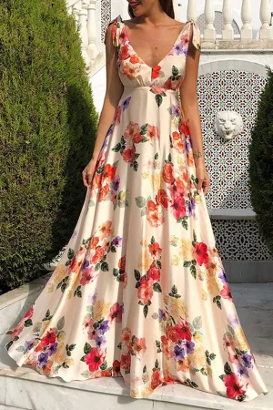 Leaky back print large swing sleeveless drawstring dress