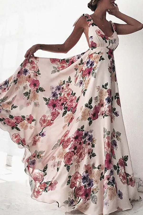 Leaky back print large swing sleeveless drawstring dress