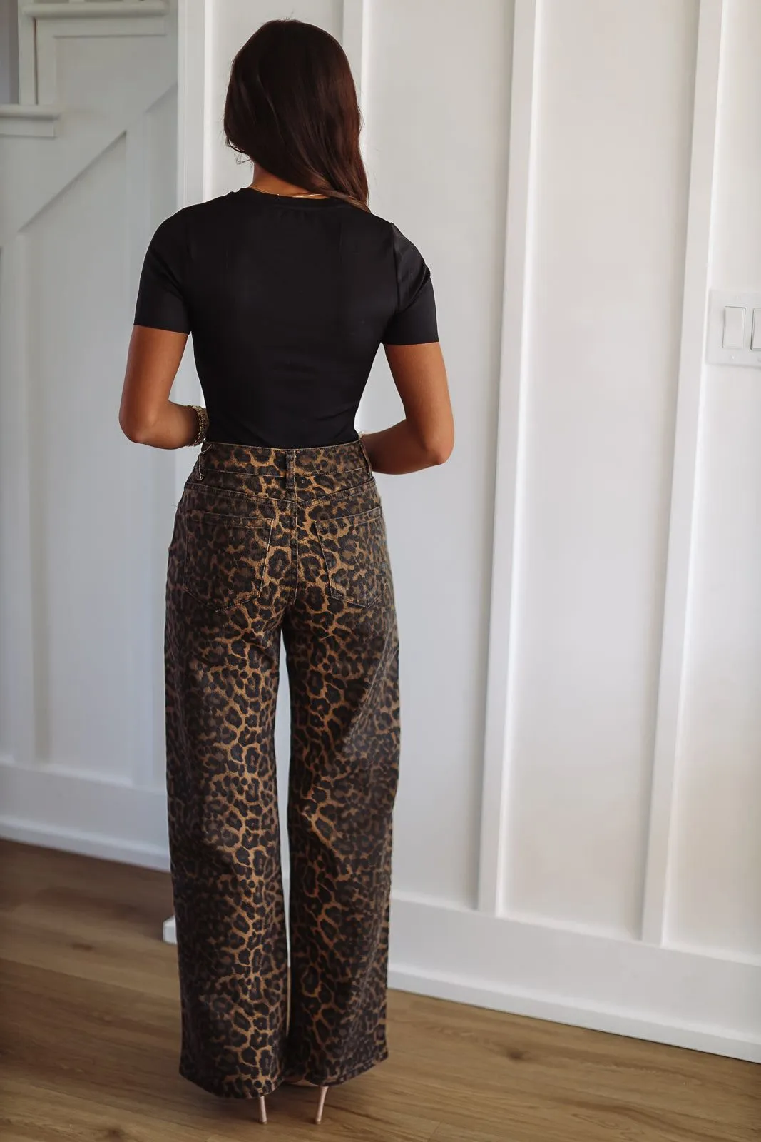 Leopard Wide Leg Denim Jeans - Brown