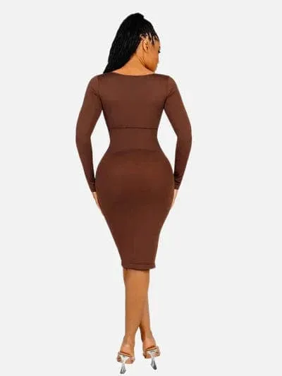 Long Sleeve Tummy Control Bodycon Midi Dress