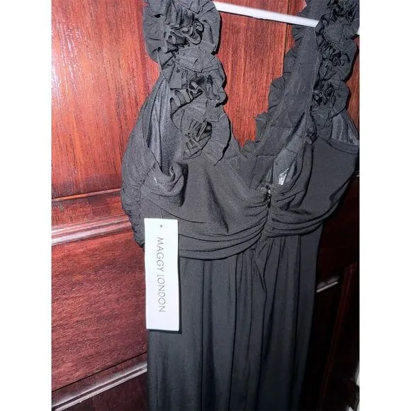 Maggy London Women's Black Ruffle Trim Sleeveless V-Neck Dress Size 8