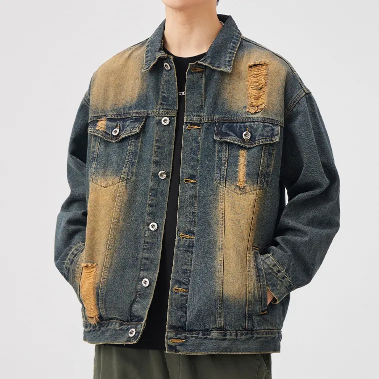 Men’s Denim Jacket – Vintage Wash – Distressed Streetwear Look