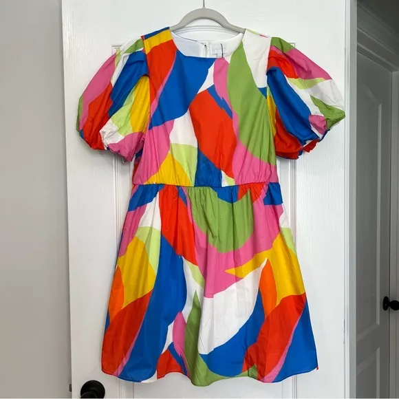 NWT Avara Boutique Sugarlips Multicolor Geometric Puff Sleeve Mini Dress