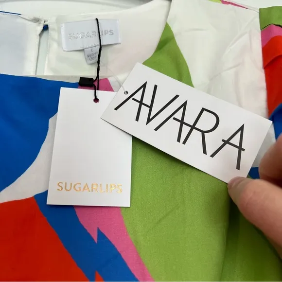 NWT Avara Boutique Sugarlips Multicolor Geometric Puff Sleeve Mini Dress